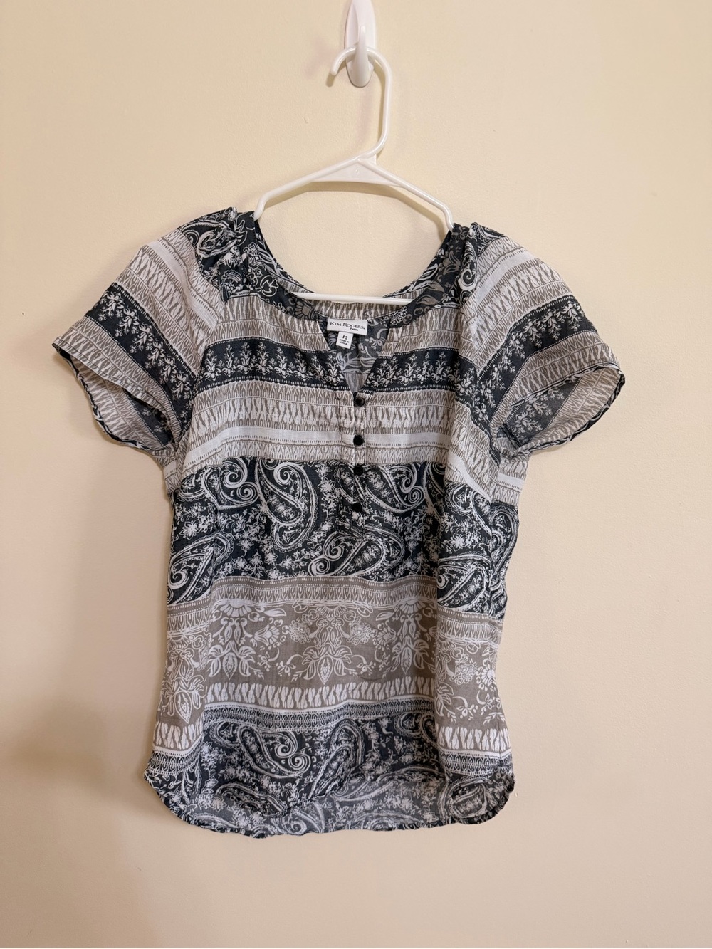 Kim Rogers Black and White Paisley-Stripe Short Sleeve Blouse